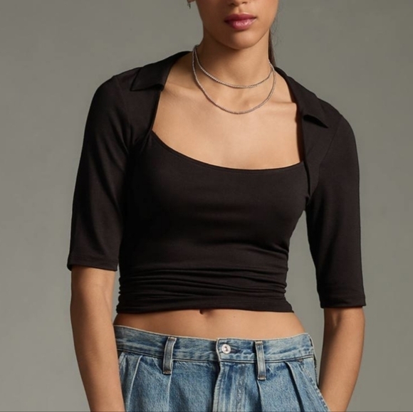 Anthropologie Collared Square Neck Tee in Black Size Large NWT - Picture 2 of 8